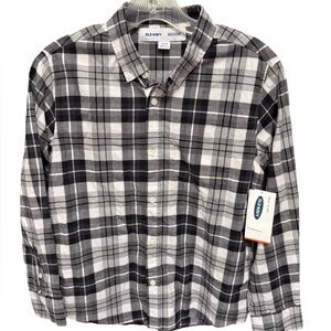 Old Navy Boys Large 10/12 Plaid Button-Down Shirt Black and Gray preppy casual
